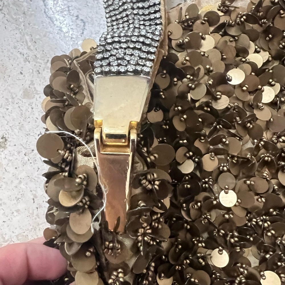 Y2K The Find Marvelous Bronzed Beaded Sequins Tote With “Diamond” Studded Strap - Picture 2 of 7